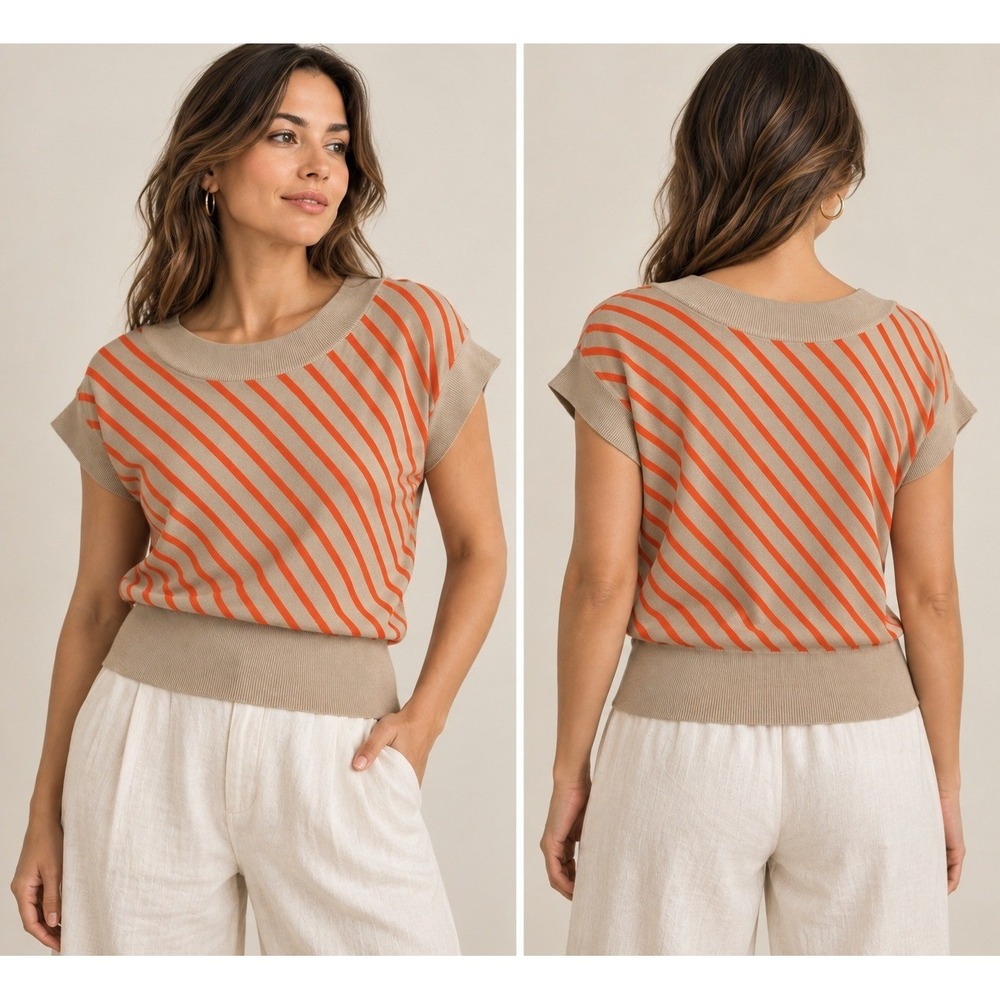PLANET by Lauren G Stripe Knit Top M Beige Orange Cotton Modal Silk Avant‎ Garde